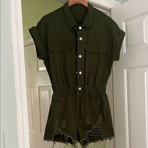 Olive Green Button-Up Romper